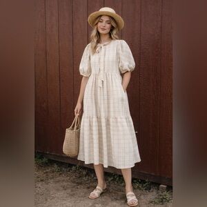 English Factory Plaid Midi Dress Size Small Puff Sleeve Cottagecore Neutral
